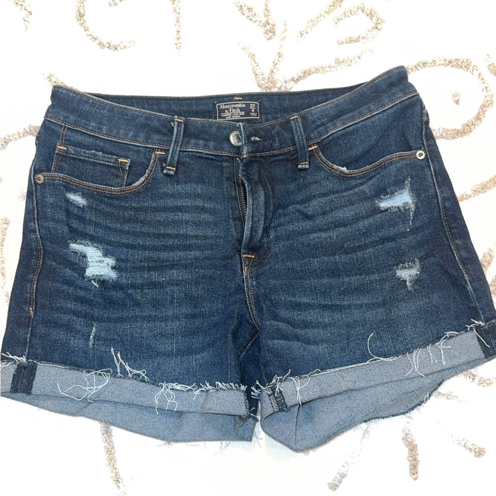 Abercrombie & Fitch Dark Blue Distressed Rolled Denim Shorts